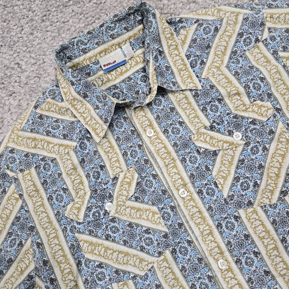 Hurley Mens Blue Brown Pattern Button Up Shirt Size M Surfer Y2K Skater